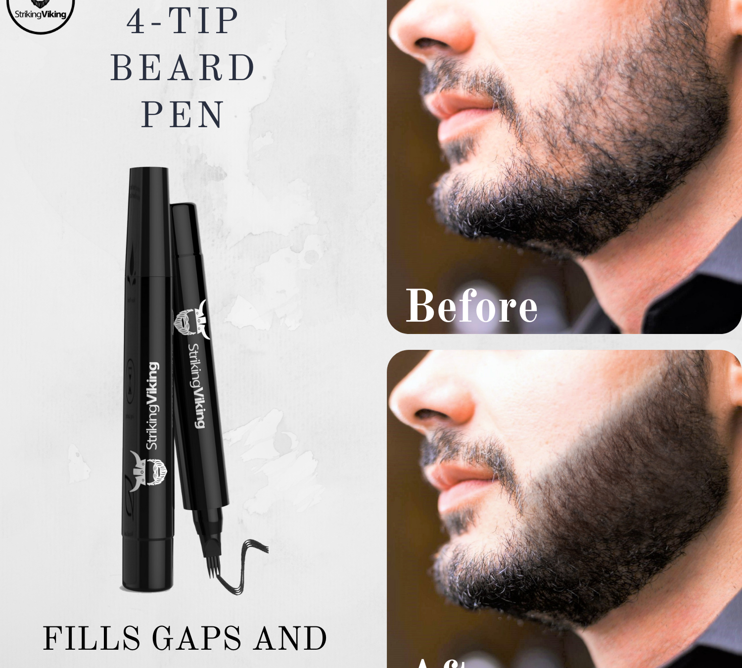 4-tip beard filler pen for men showing before and after results of filling gaps and bald spots in beard hair