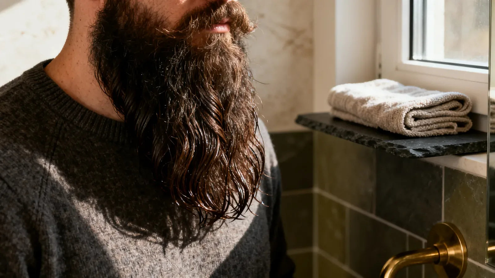The lower half of a man's long, damp dark brown beard beside a bathroom window, with a folded towel on a slate shelf behind him