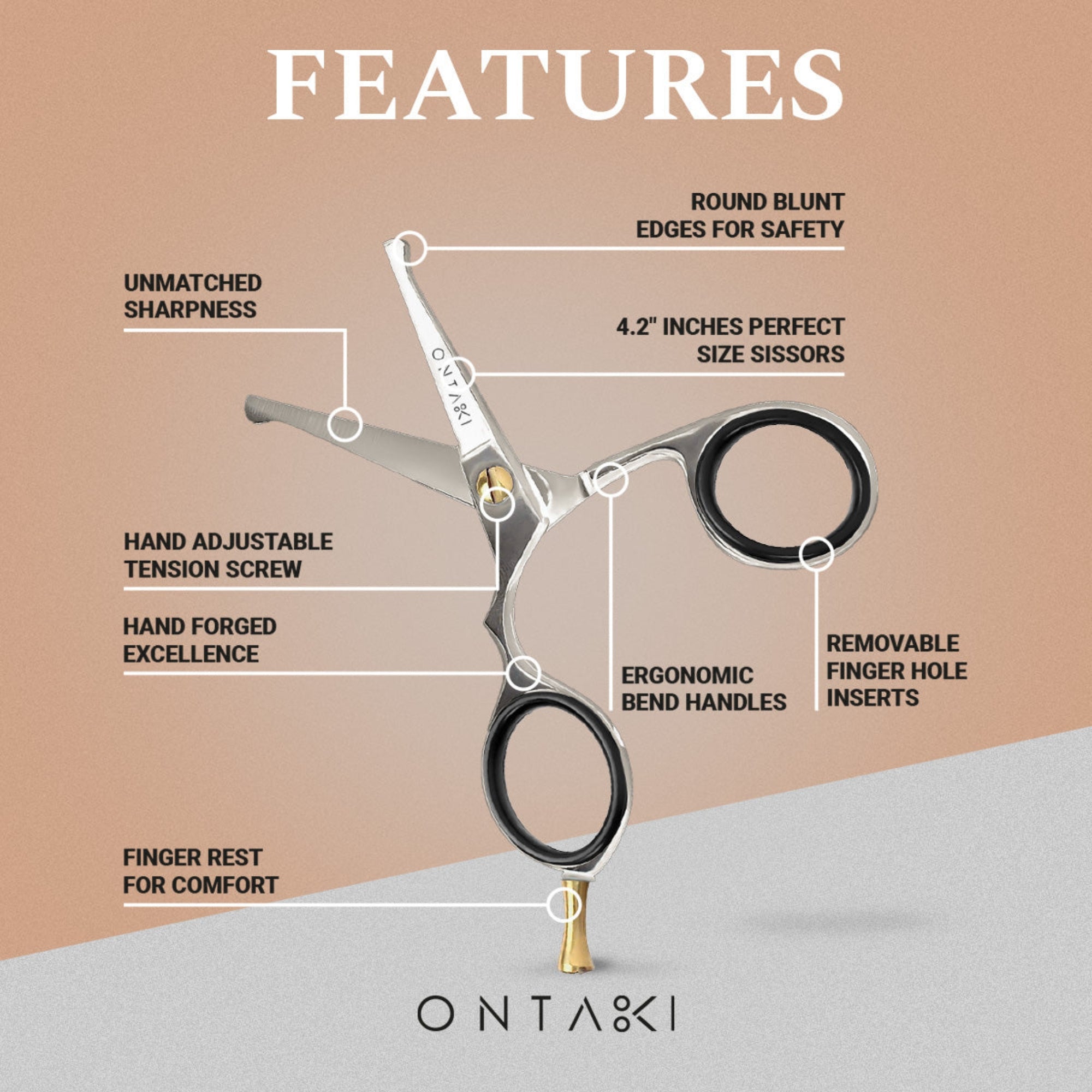 ONTAKI Bart- & Schnurrbartschere aus japanischem Stahl mit abgerundeter Spitze (4.2")