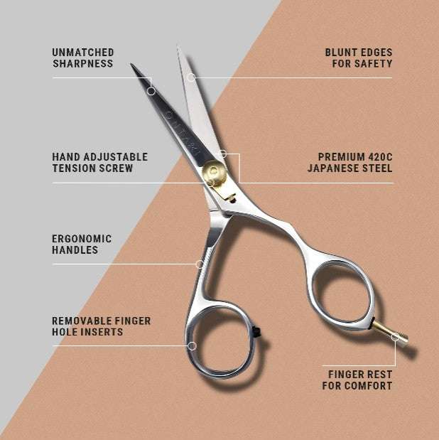 ONTAKI Japanese Steel Beard & Mustache Scissors with ergonomic handles, premium 420C steel blades, adjustable tension screw, finger rest, and safety blunt edges for precise grooming.