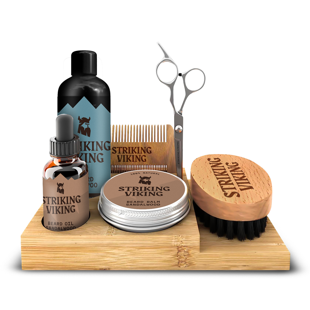 Beard grooming kit with caddy, including beard oil, shampoo, balm, scissors, brush, and comb.