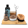 Beard grooming kit with caddy, including beard oil, shampoo, balm, scissors, brush, and comb.