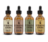 Beard Oil Variety 4 Pack Set featuring Vanilla, Sandalwood, Cedarwood, and Citrus scents in dropper bottles.
