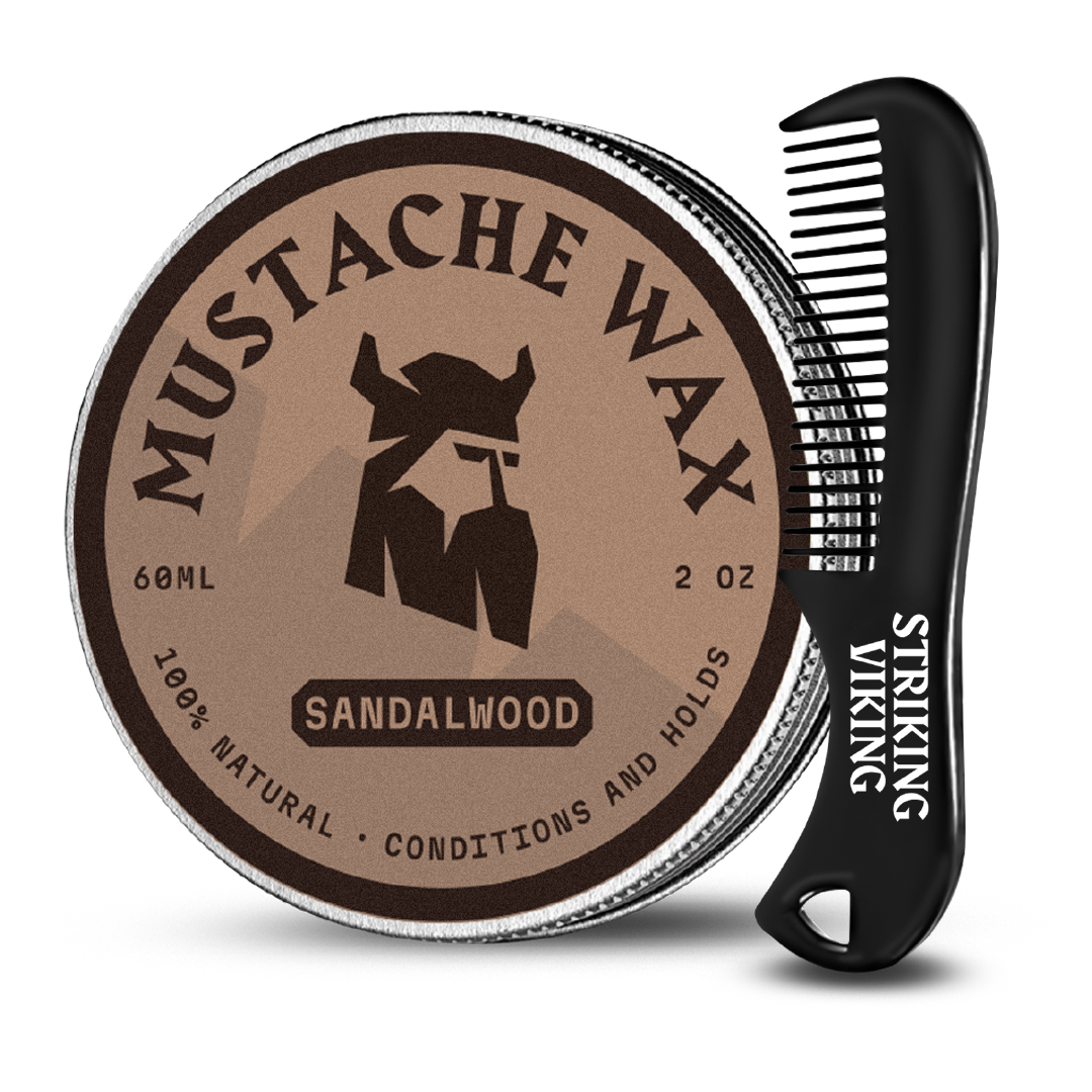 Mustache Wax and Comb Kit with vanilla-scented wax, keychain, and mini comb for styling and conditioning.