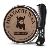 Mustache Wax and Comb Kit with vanilla-scented wax, keychain, and mini comb for styling and conditioning.
