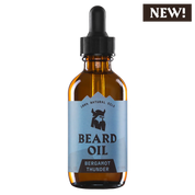 Beard Oil Bergamot Thunder in amber dropper bottle with blue label, natural organic ingredients for healthy soft beard care