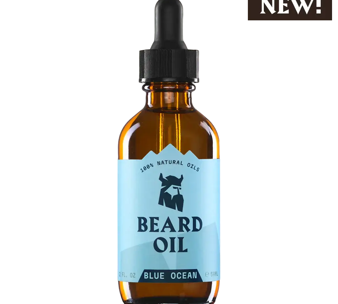 Beard Oil Blue Ocean in amber dropper bottle with natural organic ingredients and refreshing sea breeze scent