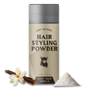 Hair styling powder for men with light hold and vanilla scent, featuring natural ingredients and bold volume boost.