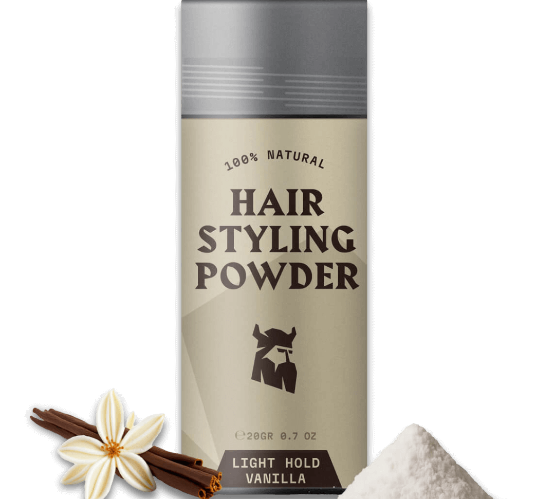 Hair styling powder for men with light hold and vanilla scent, featuring natural ingredients and bold volume boost.