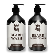 Set of unscented beard shampoo and conditioner bottles for beard growth and hydration