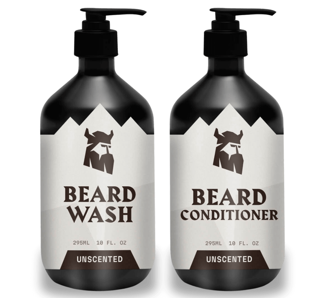 Set of unscented beard shampoo and conditioner bottles for beard growth and hydration