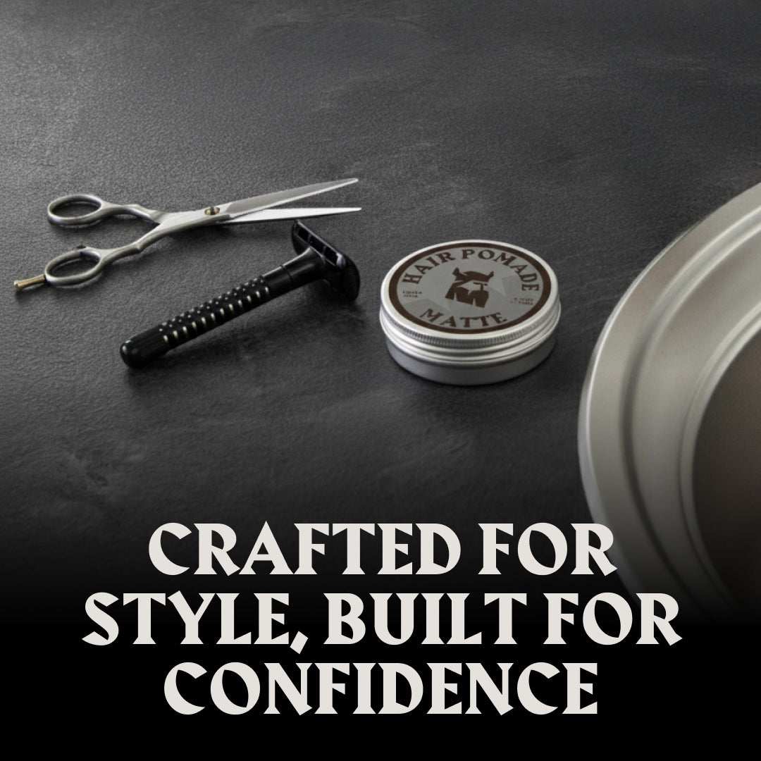 Hair pomade matte finish with linen scent next to grooming tools on black surface