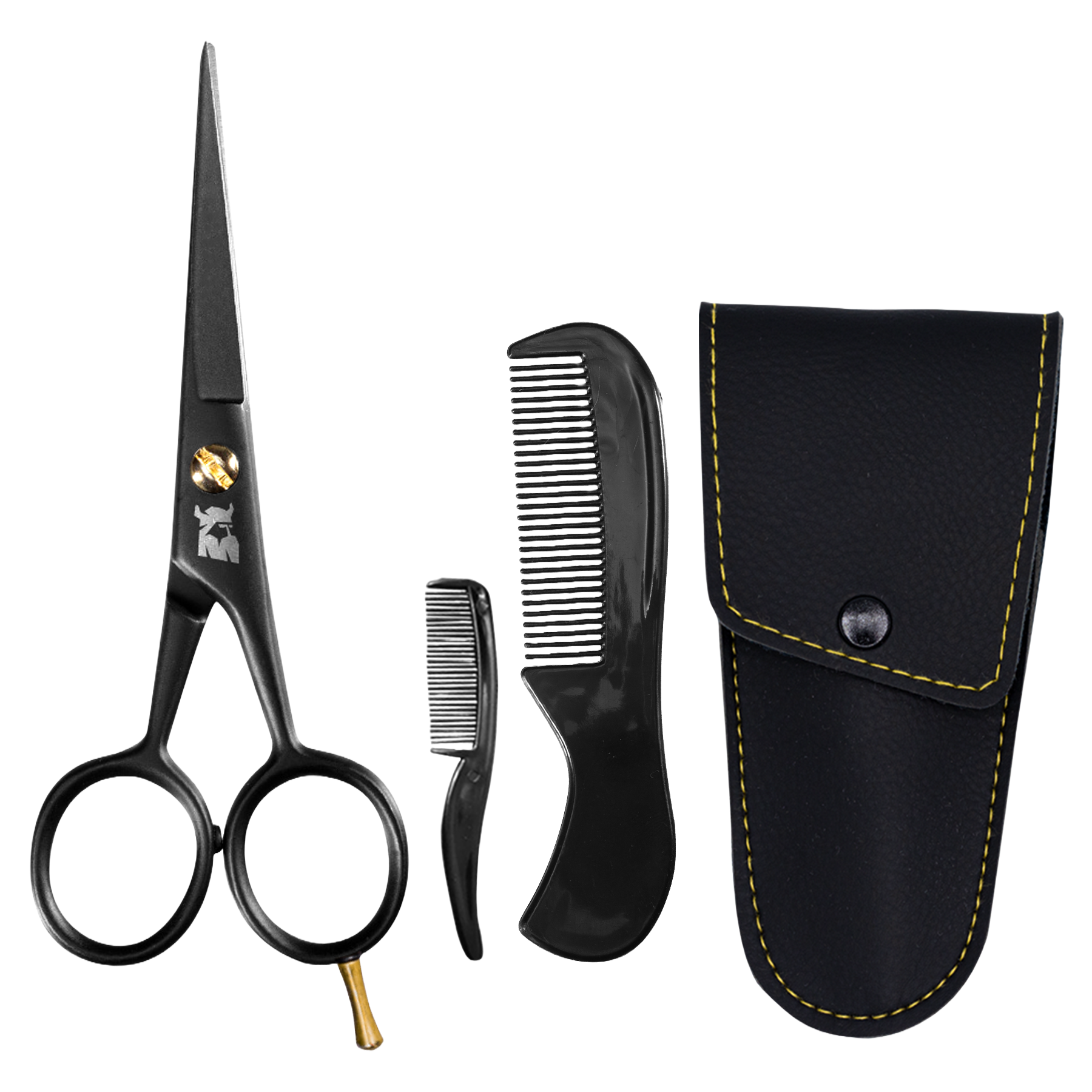Black stainless steel beard and mustache scissors with small and large combs and a black synthetic leather carrying case for grooming.