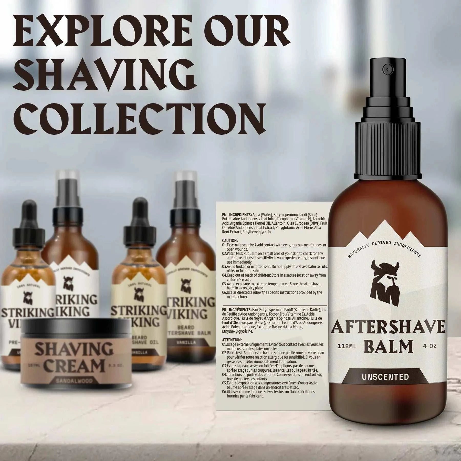 After Shave Balm for Men, Unscented, by Striking Viking, on display, part of shaving collection.