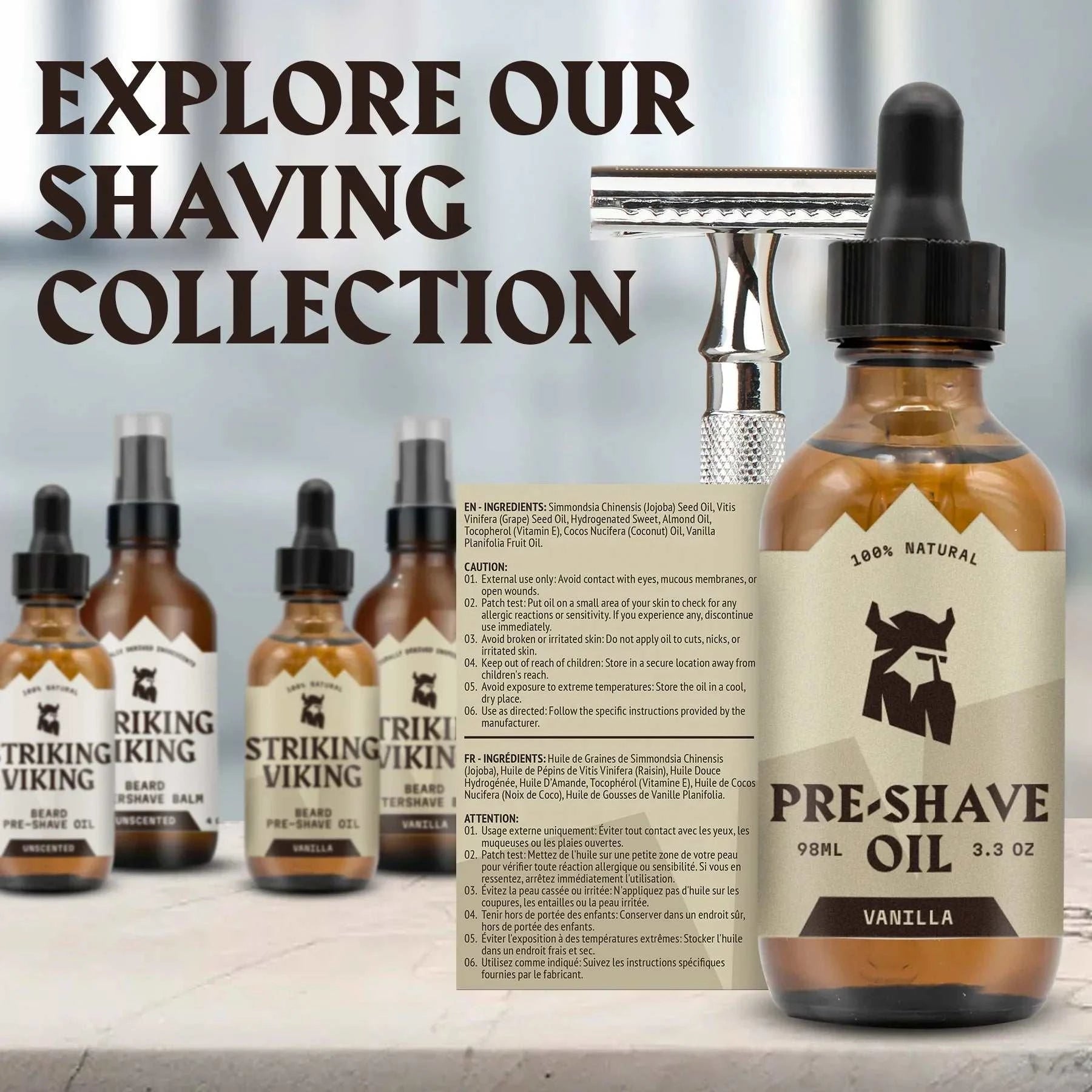 Vanilla-scented pre shave oil for men with enhanced glide and moisturizing formula.