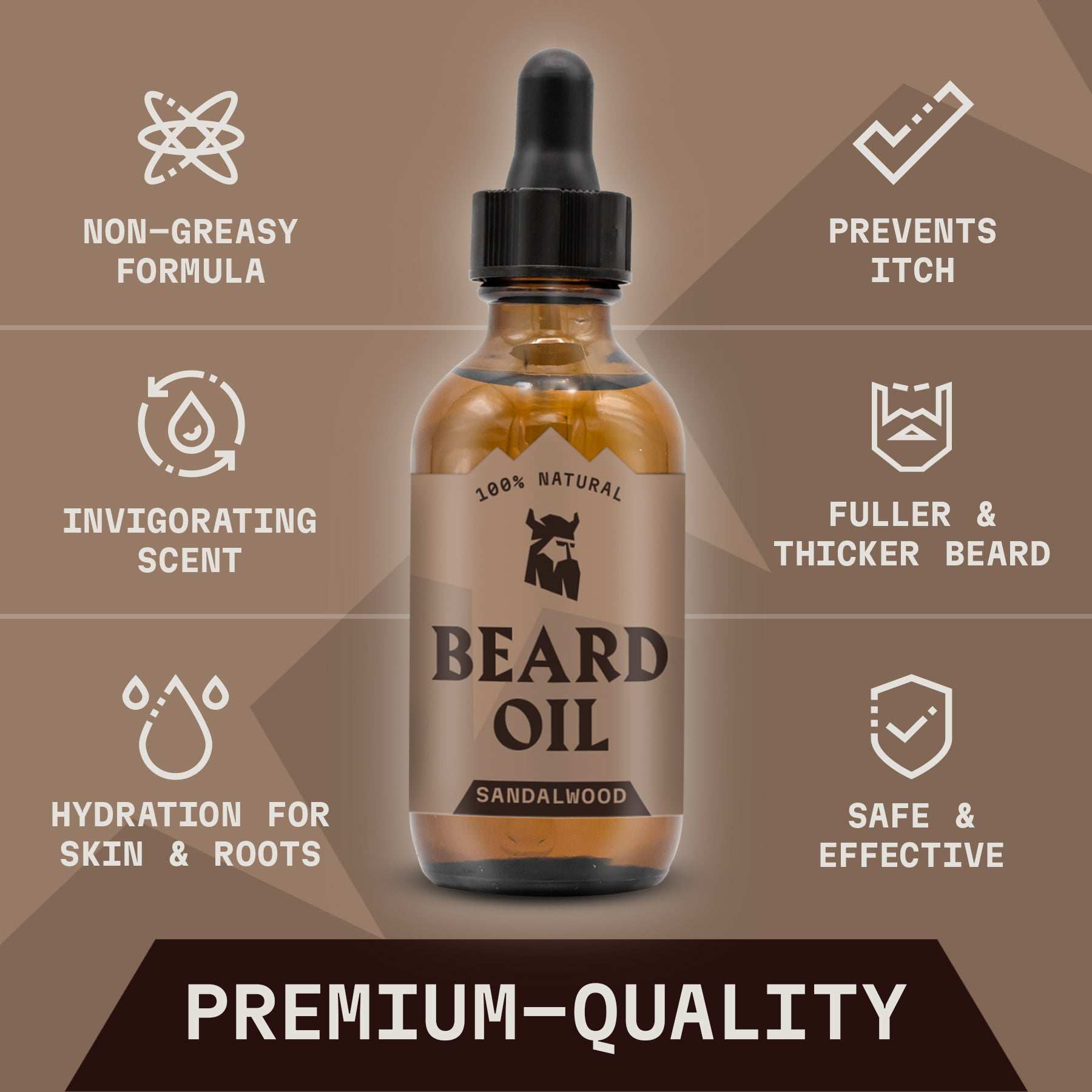 Beard Oil Sandalwood in 2-ounce dropper bottle with sandalwood scent, promotes healthy beard growth, non-greasy formula.