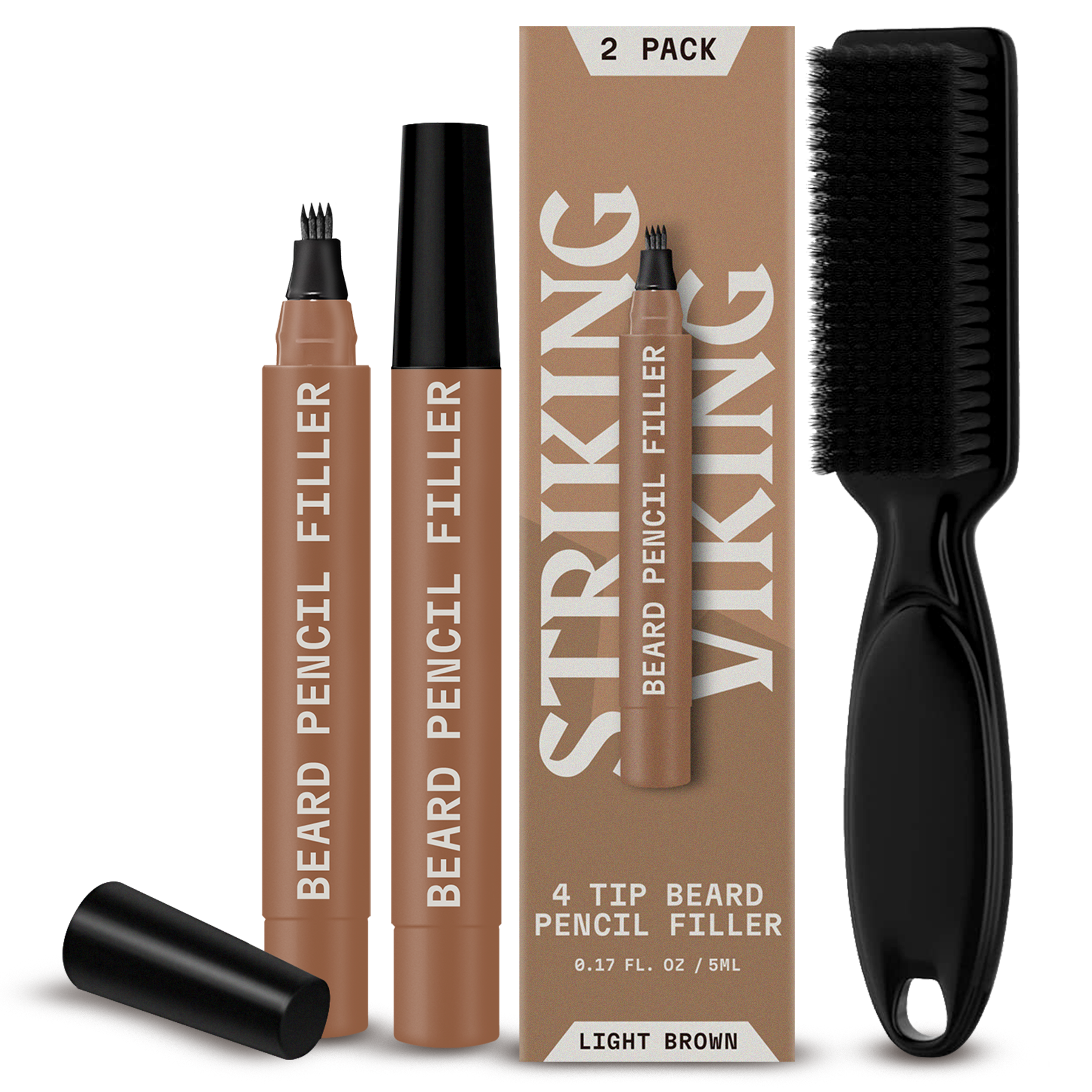 Beard filler pen 2 pack with brush, 4-tip applicator,light brown color.