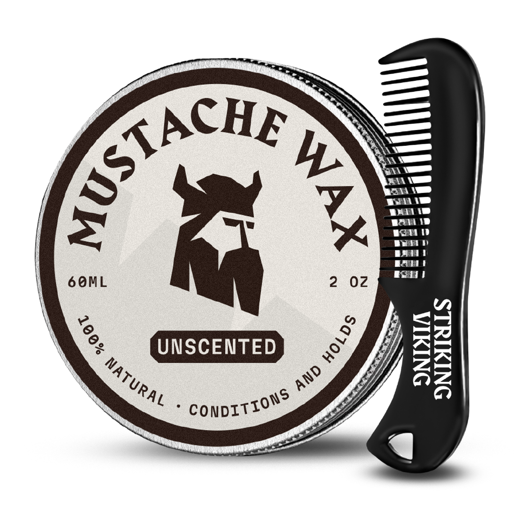 Mustache Wax and Comb Kit with vanilla-scented wax and mini comb for styling and conditioning.