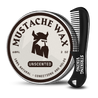 Mustache Wax and Comb Kit with vanilla-scented wax and mini comb for styling and conditioning.