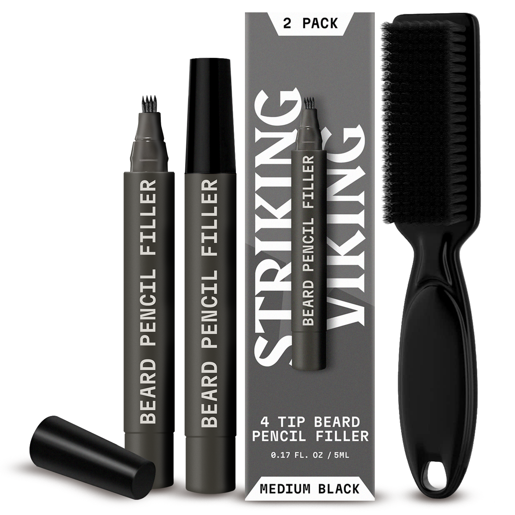Beard filler pen 2 pack with brush, 4-tip applicator, medium black color.