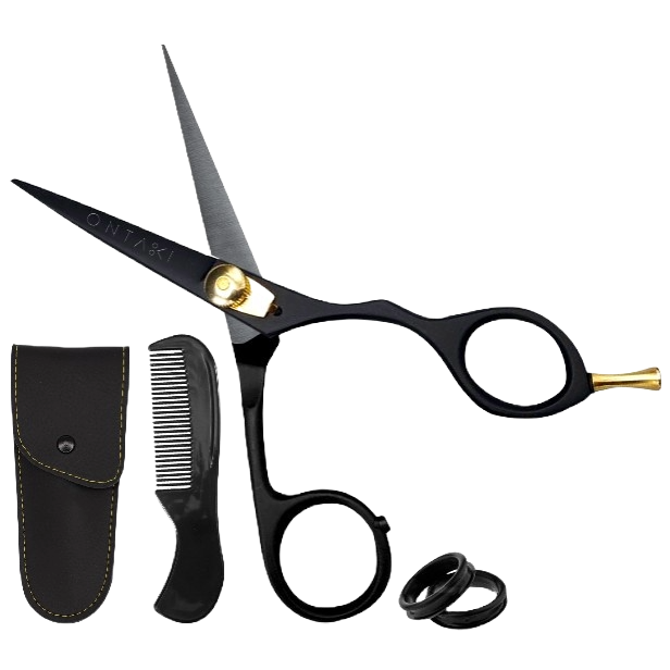 ONTAKI Japanese Steel Beard and Mustache Scissors grooming kit with comb and leather pouch