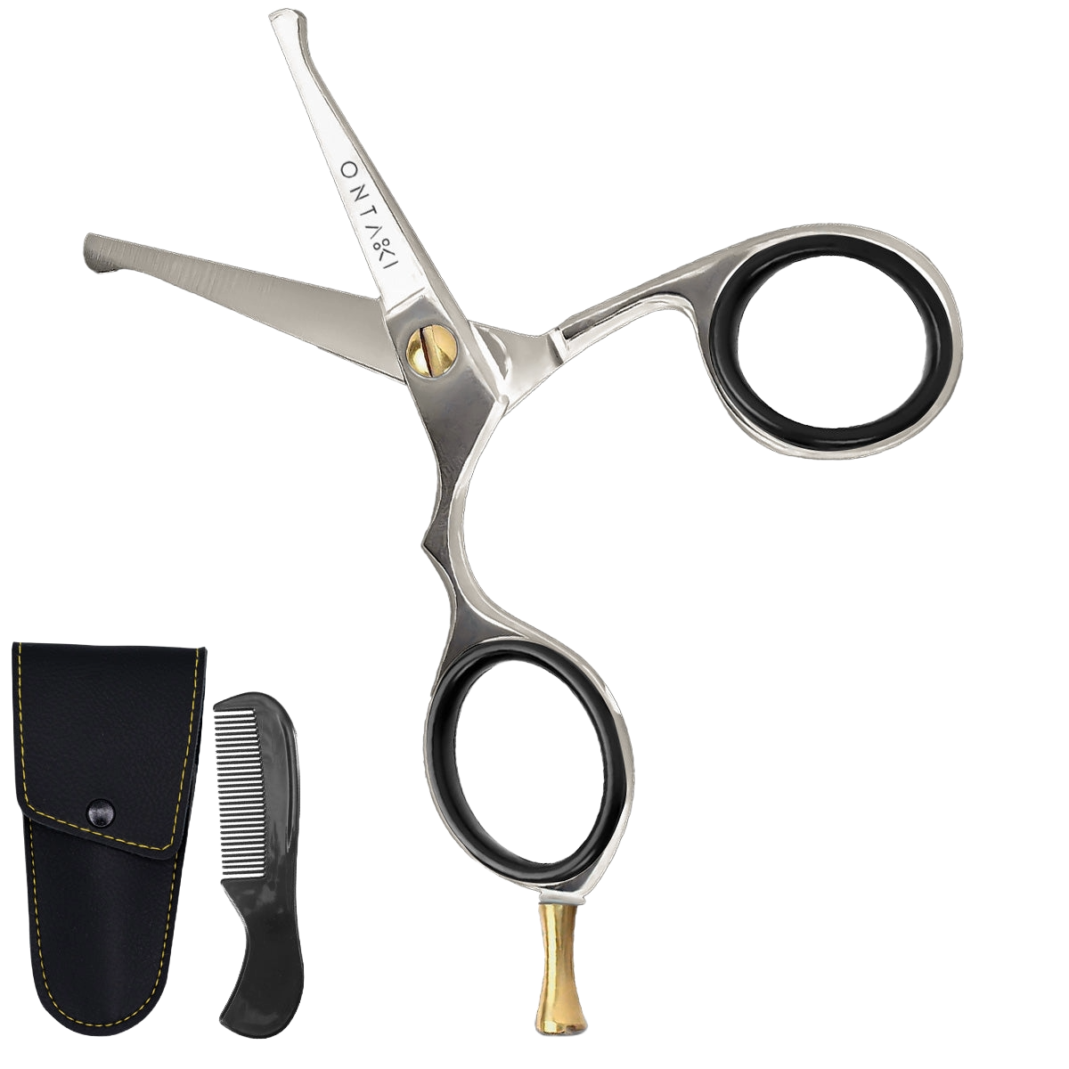 ONTAKI Japanese Steel rounded-tip beard and mustache scissors with comb and PU leather pouch