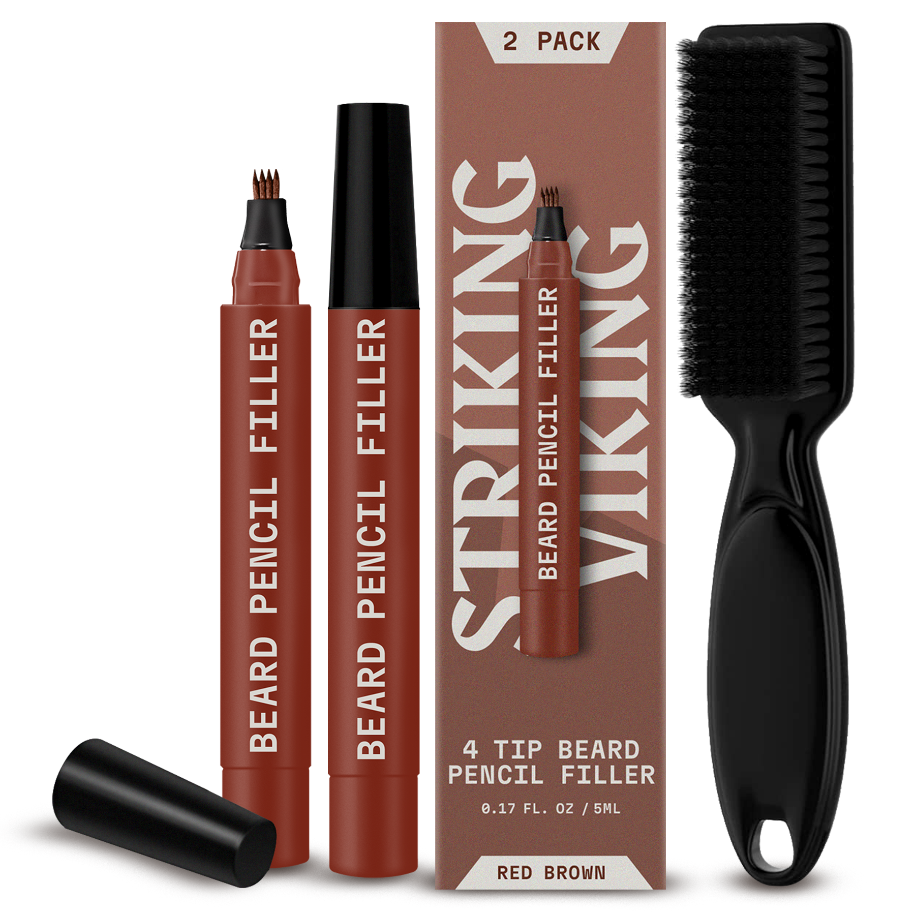 Beard filler pen 2 pack with brush, 4-tip applicator, red brown color.