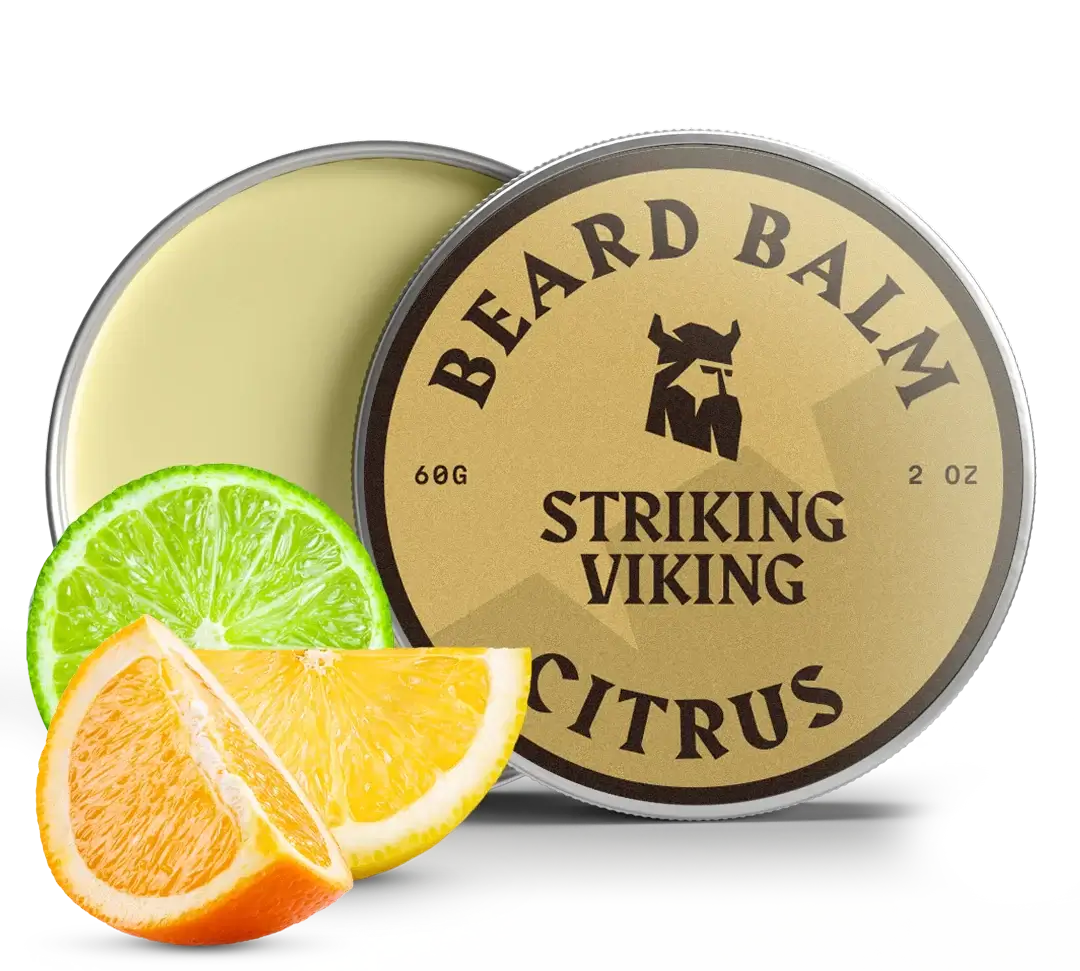 Citrus beard balm tin with lime and orange slice.