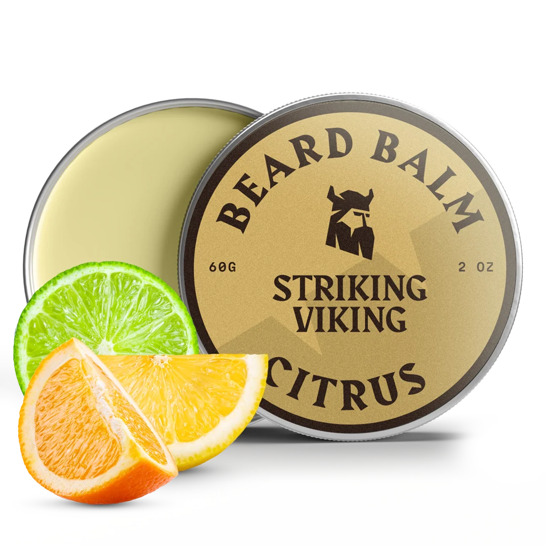 Citrus beard balm tin with lime and orange slice.