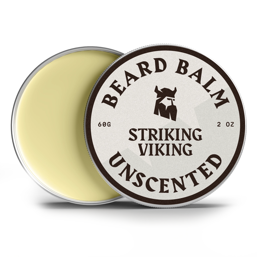Beard Balm (Unscented) by Striking Viking in a 2-ounce jar.