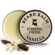 Beard Balm Vanilla tin with Striking Viking logo and vanilla decoration.