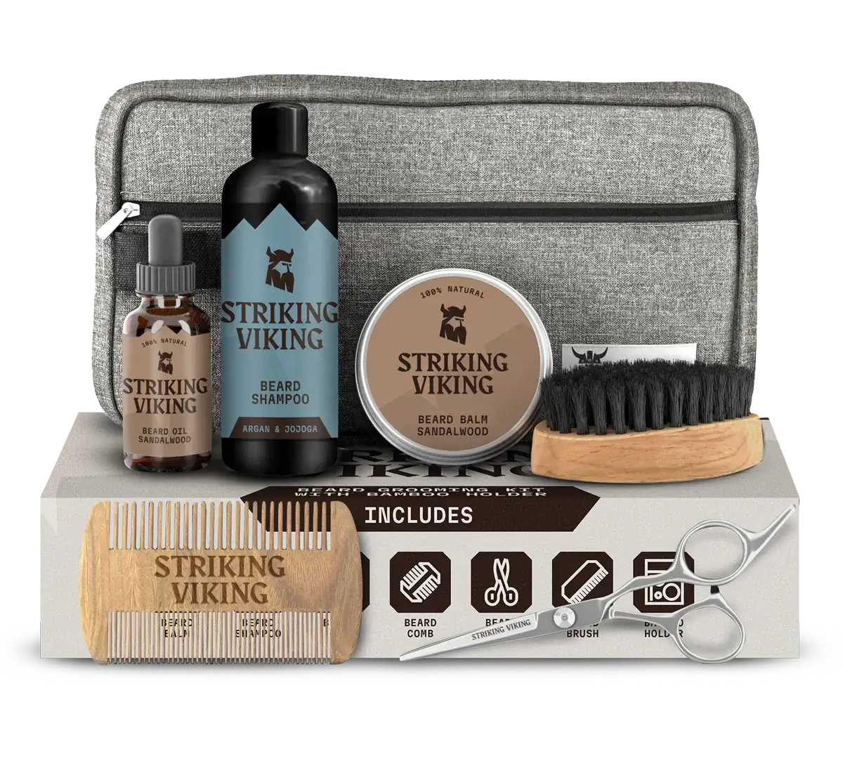 Beard grooming kit for men with shampoo, balm, oil, brush, comb, scissors, toiletry bag, and gift box.
