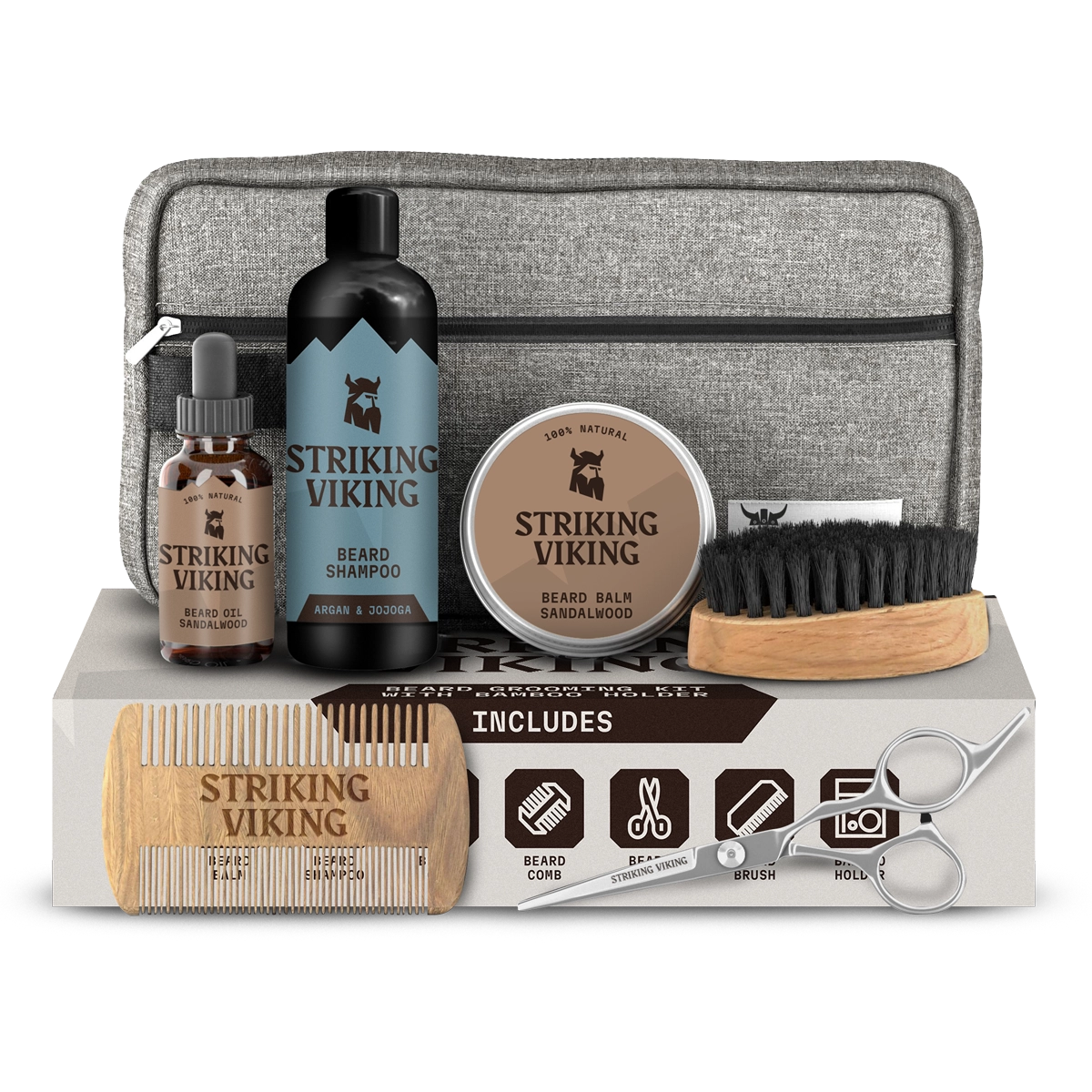 Beard grooming kit with shampoo, balm, oil, brush, comb, scissors, toiletry bag, and gift box for men's grooming.