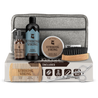 Beard grooming kit with shampoo, balm, oil, brush, comb, scissors, toiletry bag, and gift box for men's grooming.