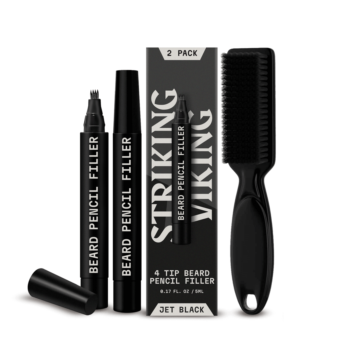 Beard filler pen 2 pack with brush, 4-tip applicator, jet black color.