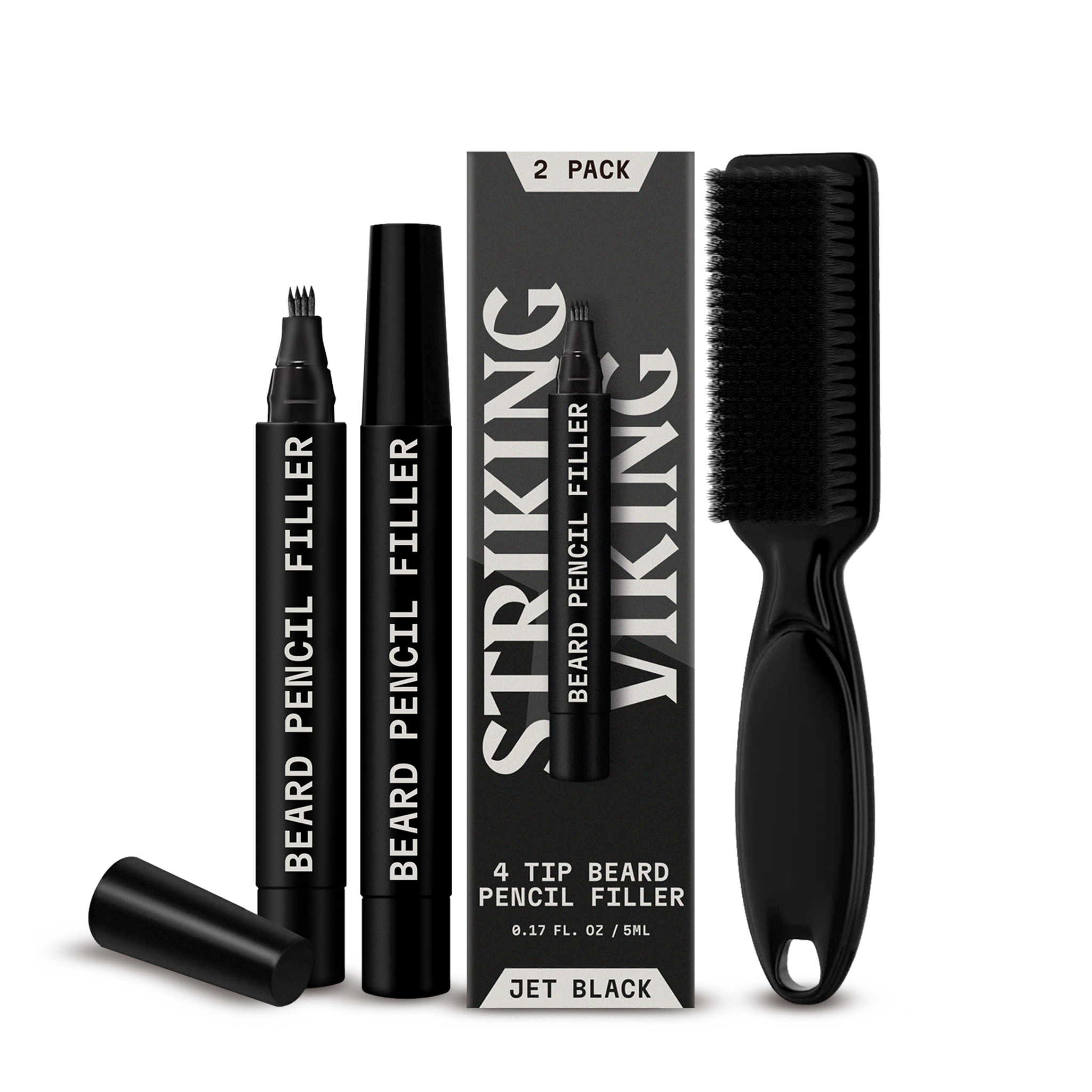 Beard filler pen 2 pack with brush, 4-tip applicator, jet black color.