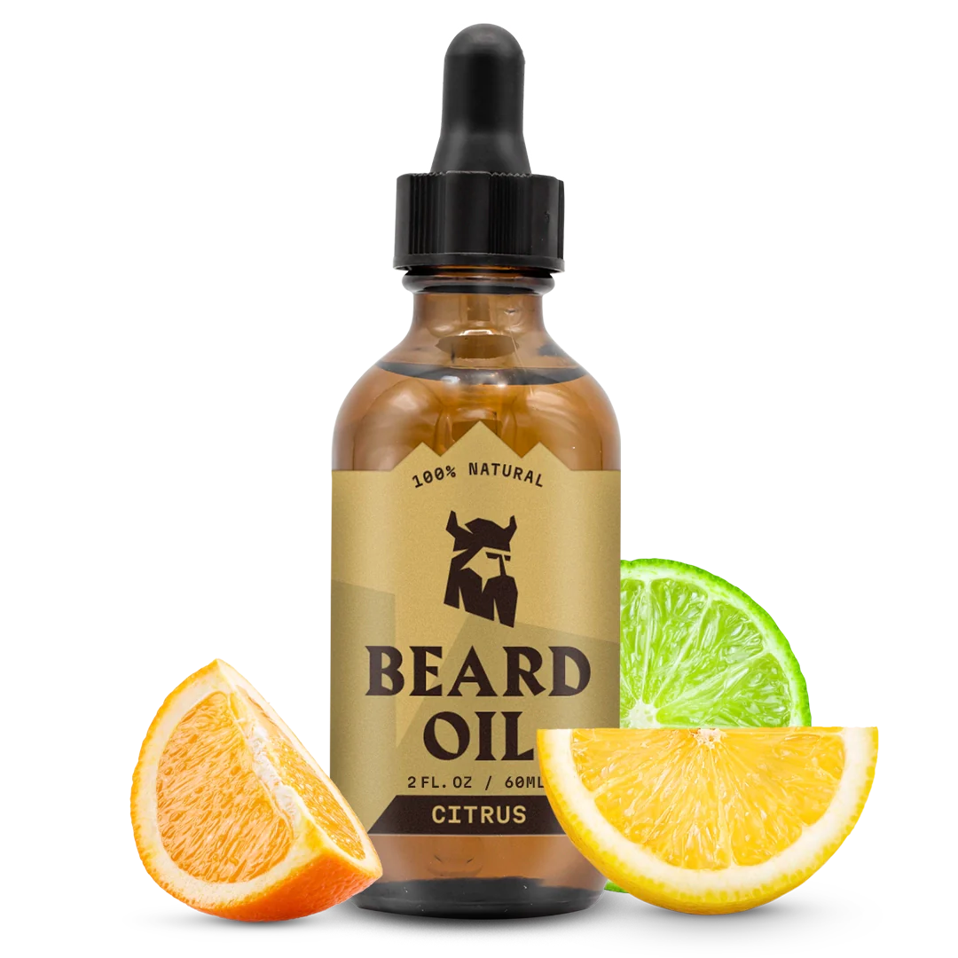 Beard Oil (Citrus) bottle with orange and lime slices, 2 oz dropper, natural and organic blend.