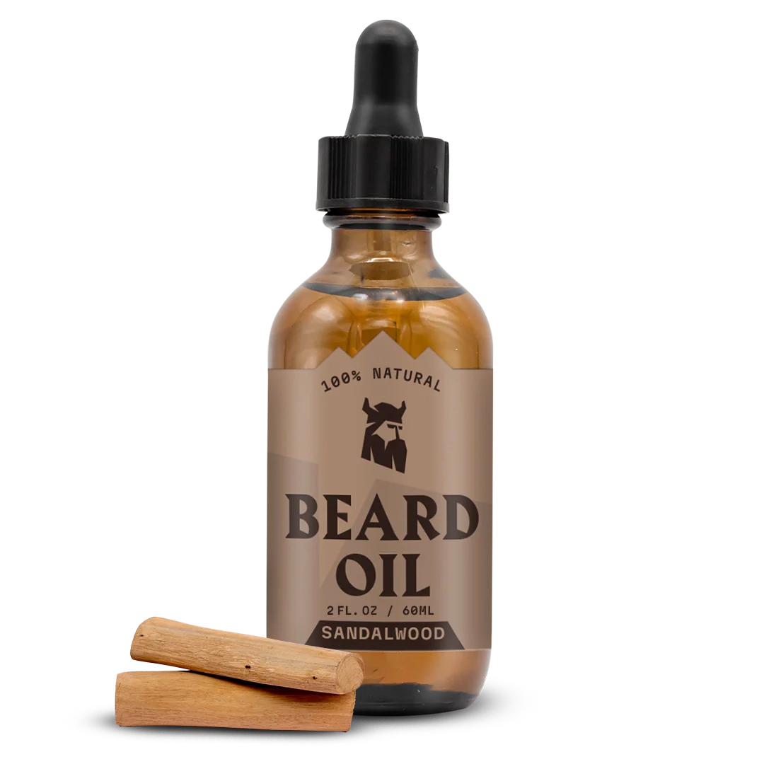 Beard oil bottle with sandalwood scent, 2oz dropper, natural and organic ingredients.