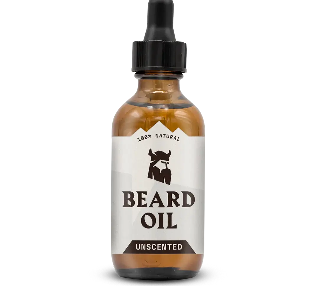 Unscented beard oil bottle, 2 oz dropper, natural ingredients.