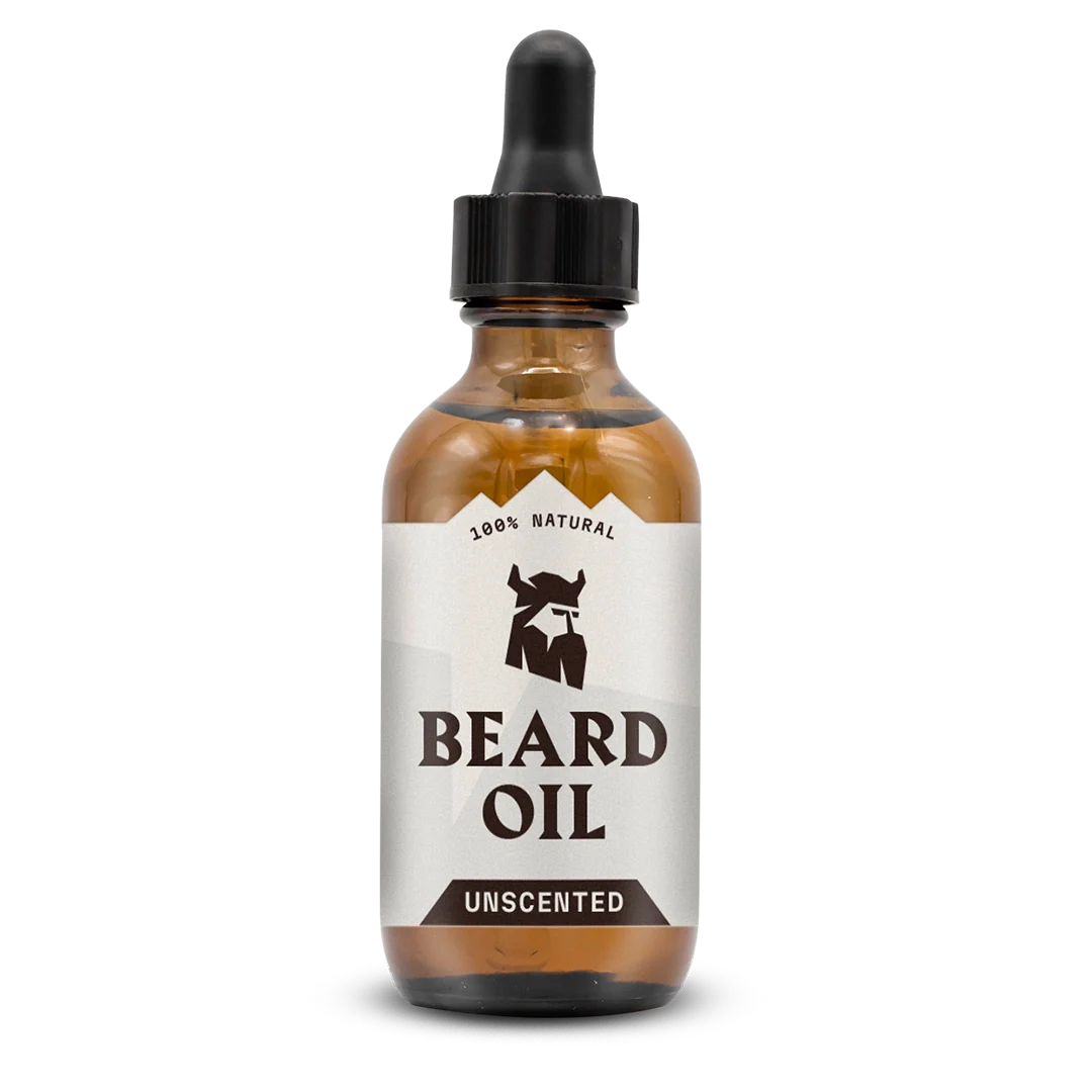 Unscented beard oil bottle with dropper, 2oz, all-natural organic ingredients.