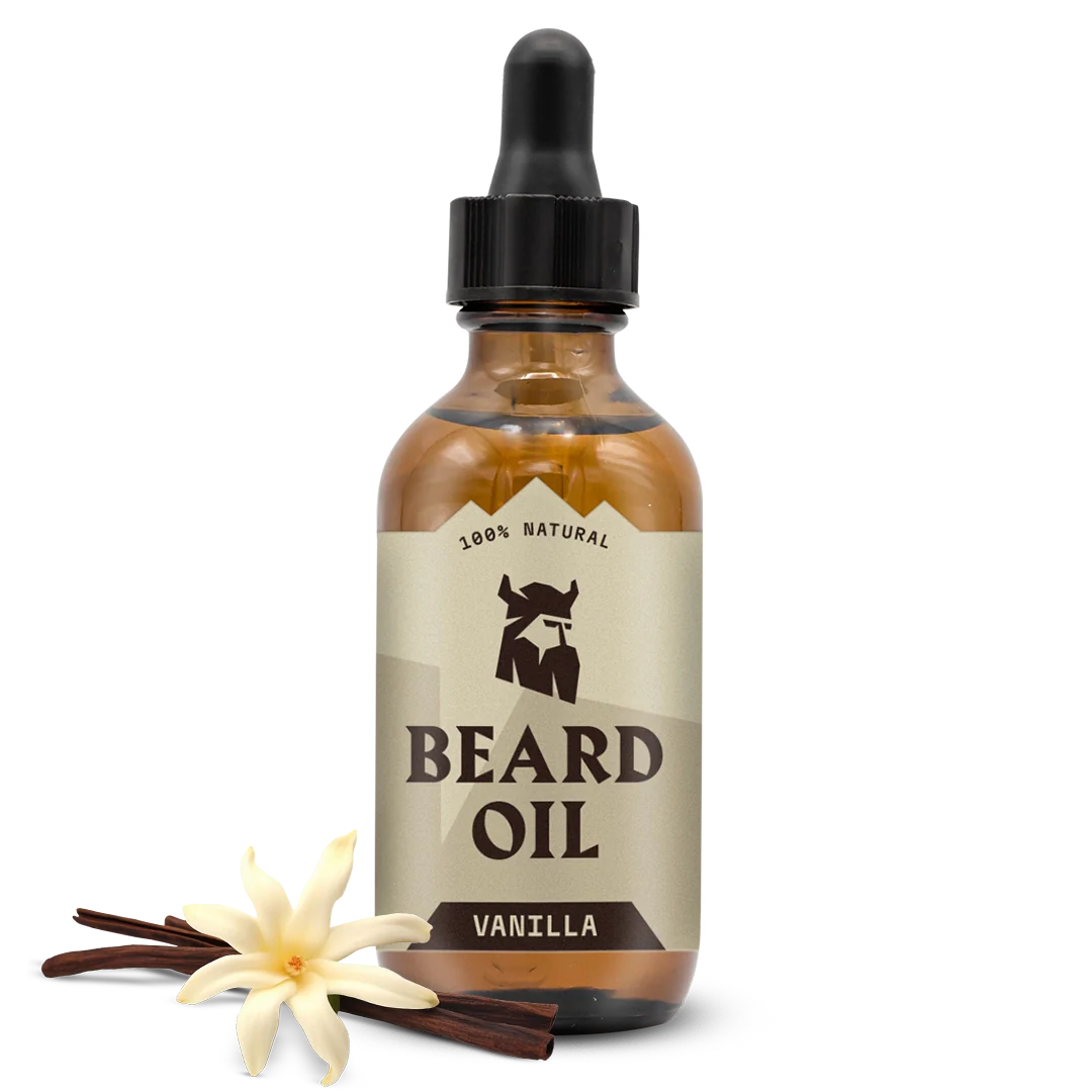 Vanilla scented beard oil bottle with a dropper, featuring natural ingredients and a vanilla flower.