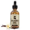Vanilla scented beard oil bottle with a dropper, featuring natural ingredients and a vanilla flower.