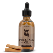 Pre Shave Oil for Men with Sandalwood aroma in elegant glass bottle, offering smooth shave and moisturizing care.