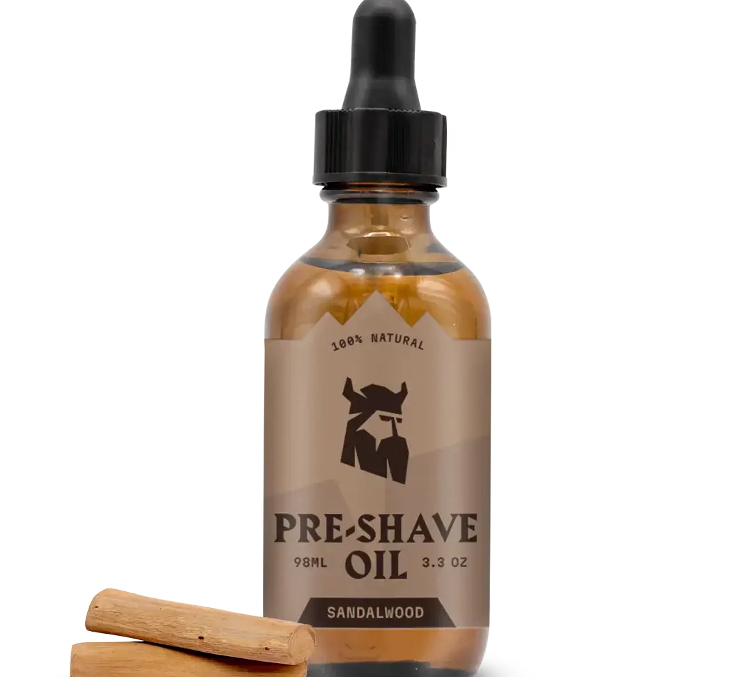 Pre Shave Oil for Men with Sandalwood aroma in elegant glass bottle, offering smooth shave and moisturizing care.