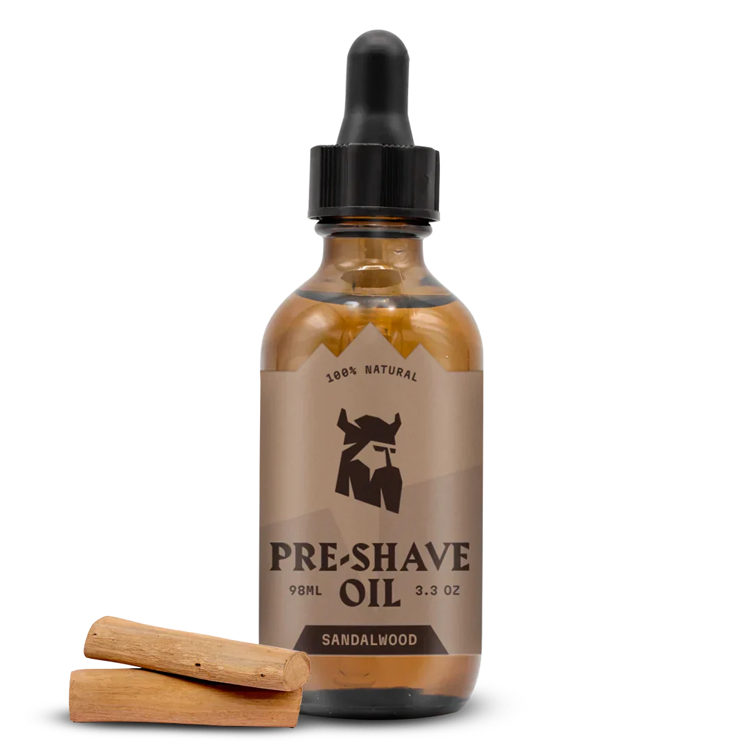 Pre Shave Oil for Men with Sandalwood scent, enhancing glide and protection for smooth shaving.