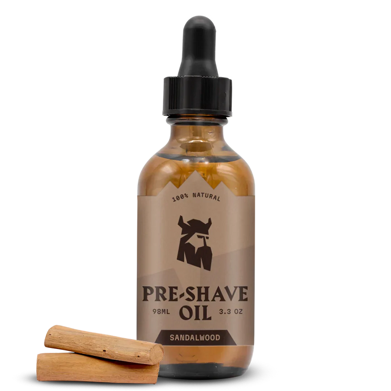 Pre Shave Oil for Men with Sandalwood aroma in elegant glass bottle, offering smooth shave and moisturizing care.