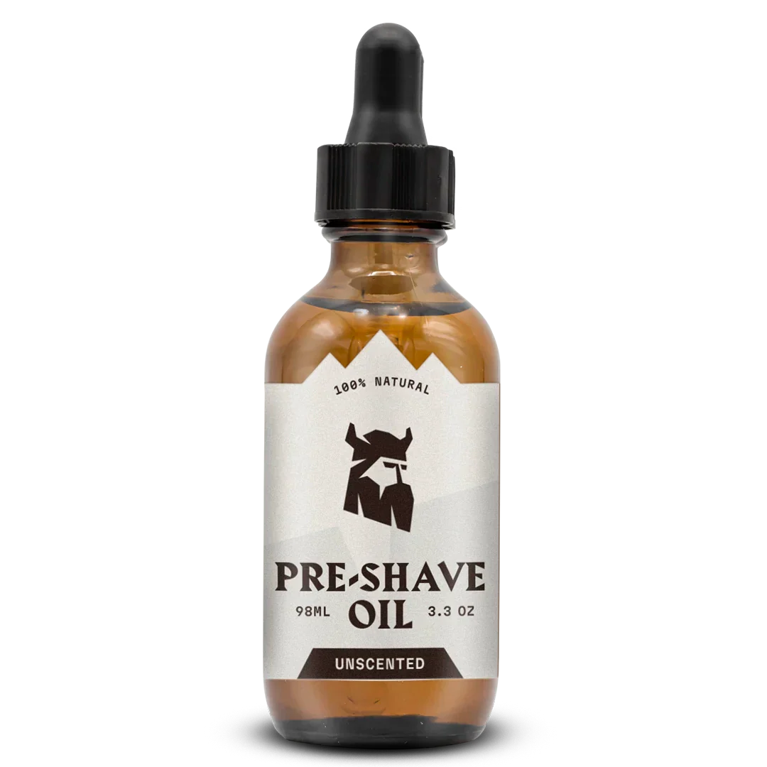Pre Shave Oil for Men, Unscented, Striking Viking bottle with dropper, grooming essential.