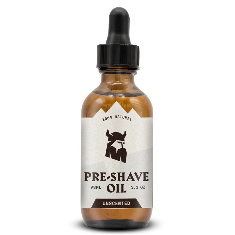 Unscented pre-shave oil for men in a glass bottle with dropper, offering enhanced glide and skin protection for smooth shaving.