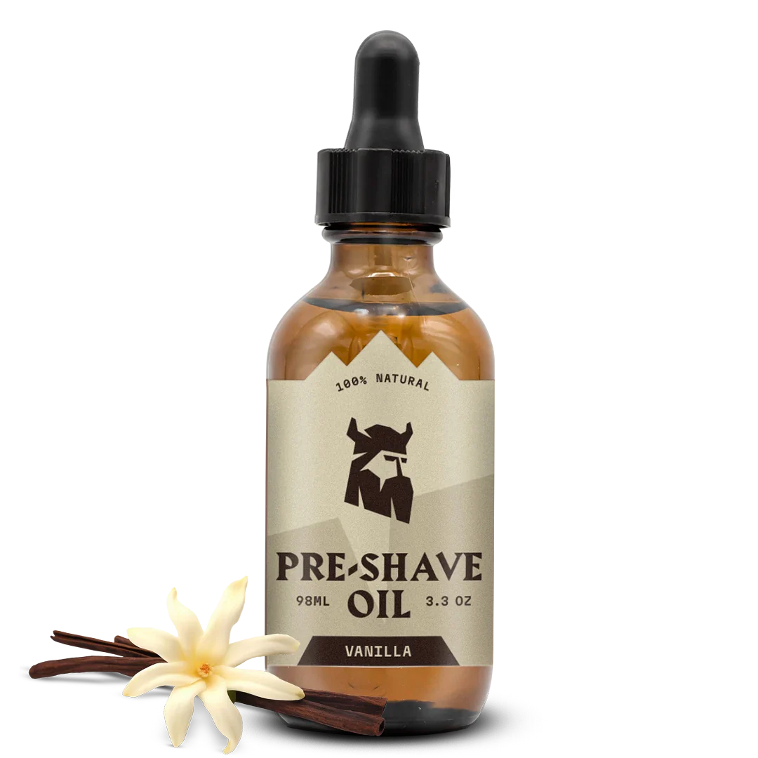 Vanilla-scented pre shave oil for men in a glass bottle.