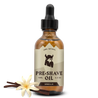 Vanilla-scented pre shave oil for men in a glass bottle.